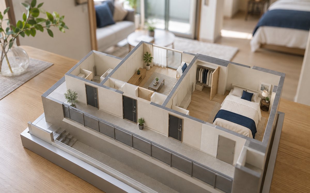 寝室と収納と隣の部屋の位置関係を示す住宅模型図
