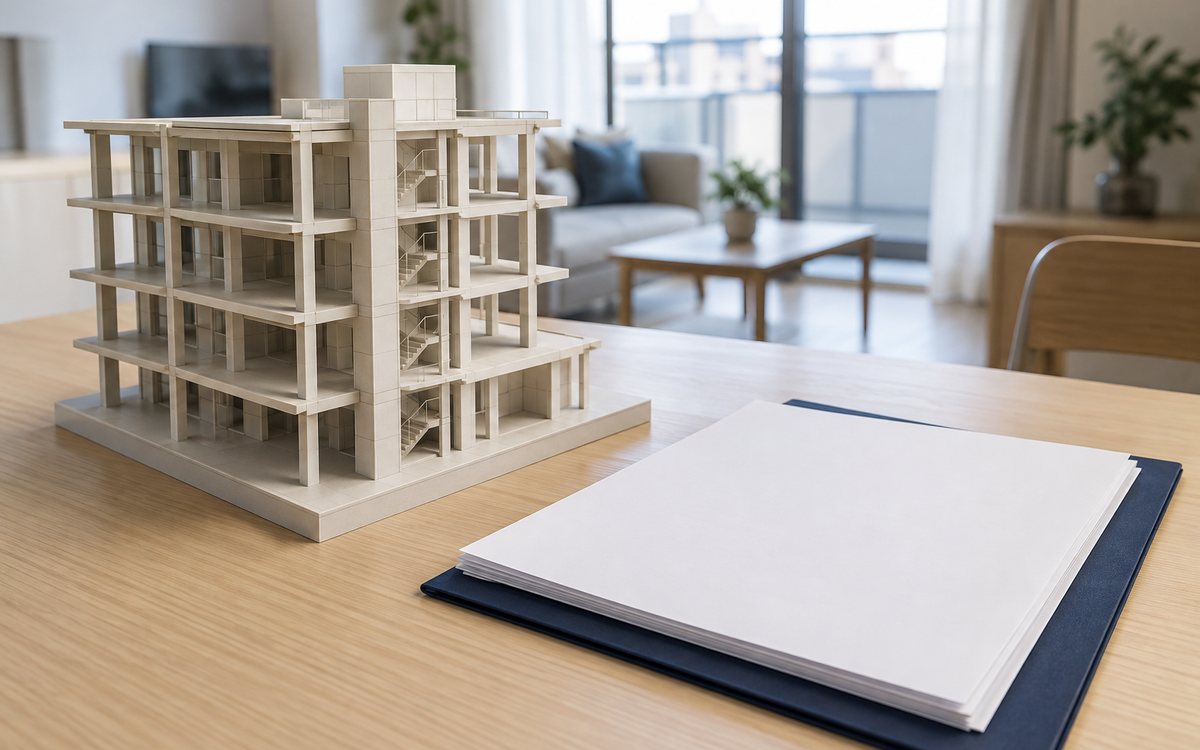建築確認の資料と建物の骨組み模型で基準を調べる図