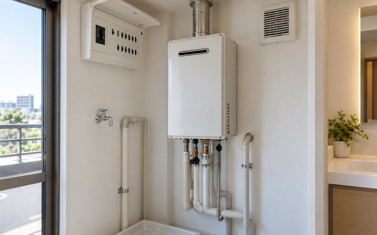 分電盤と換気口と給湯設備を確認する住宅設備の模型