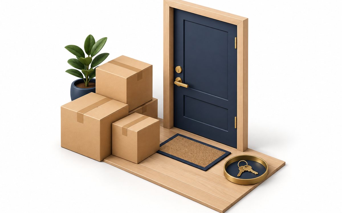 搬出する荷物と返却する鍵を玄関で分けて置いた図