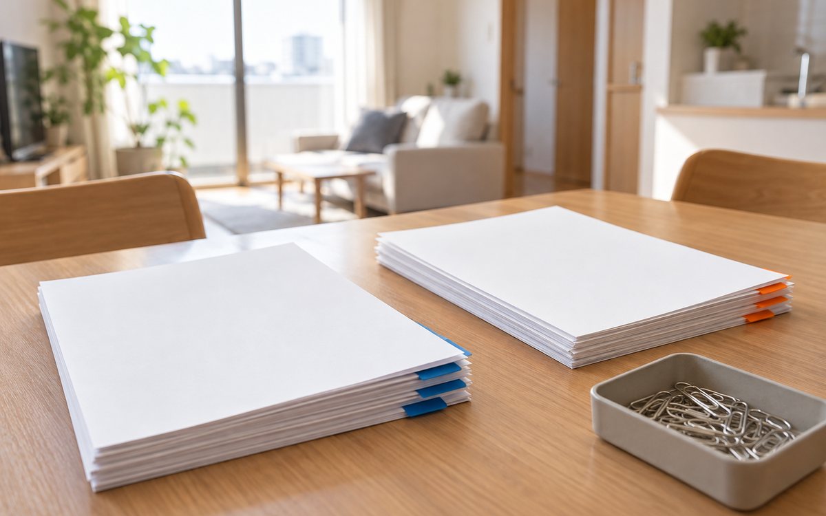 修正前後の書類を色付きの付箋で区別して並べた机