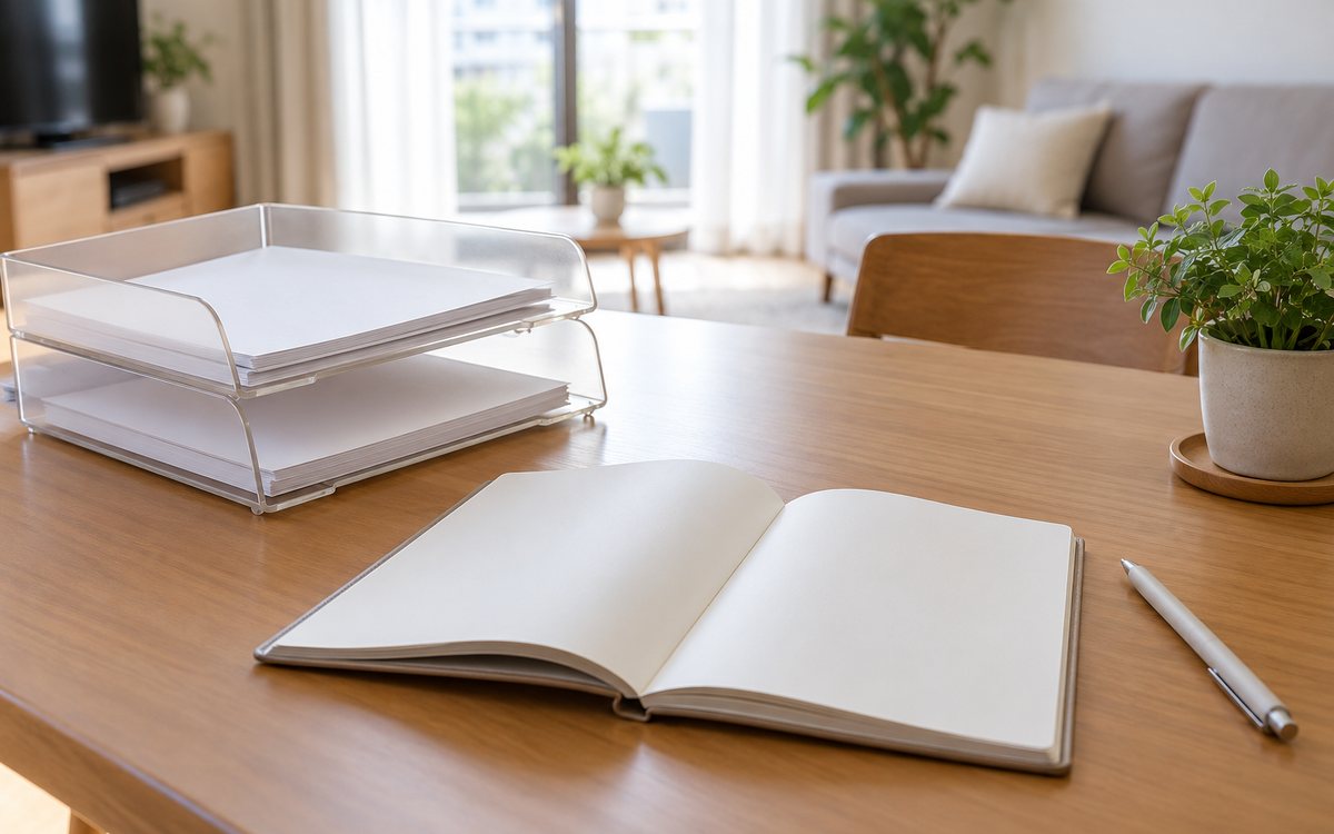 整理トレーの書類と開いた手帳で支払予定をまとめる様子