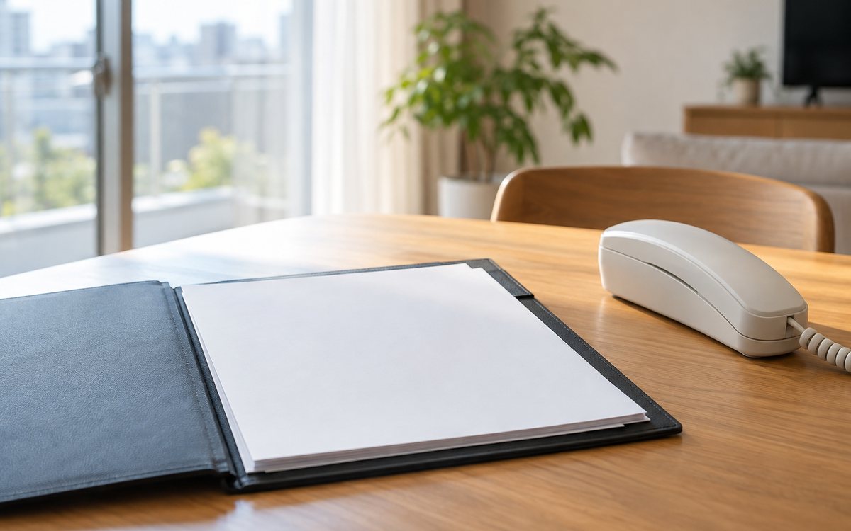 委任する書類をまとめたファイルと連絡用の電話を示す図