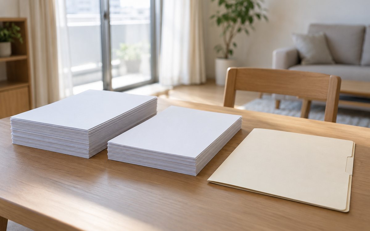 申込内容と収入や勤務先の照合資料を並べた様子