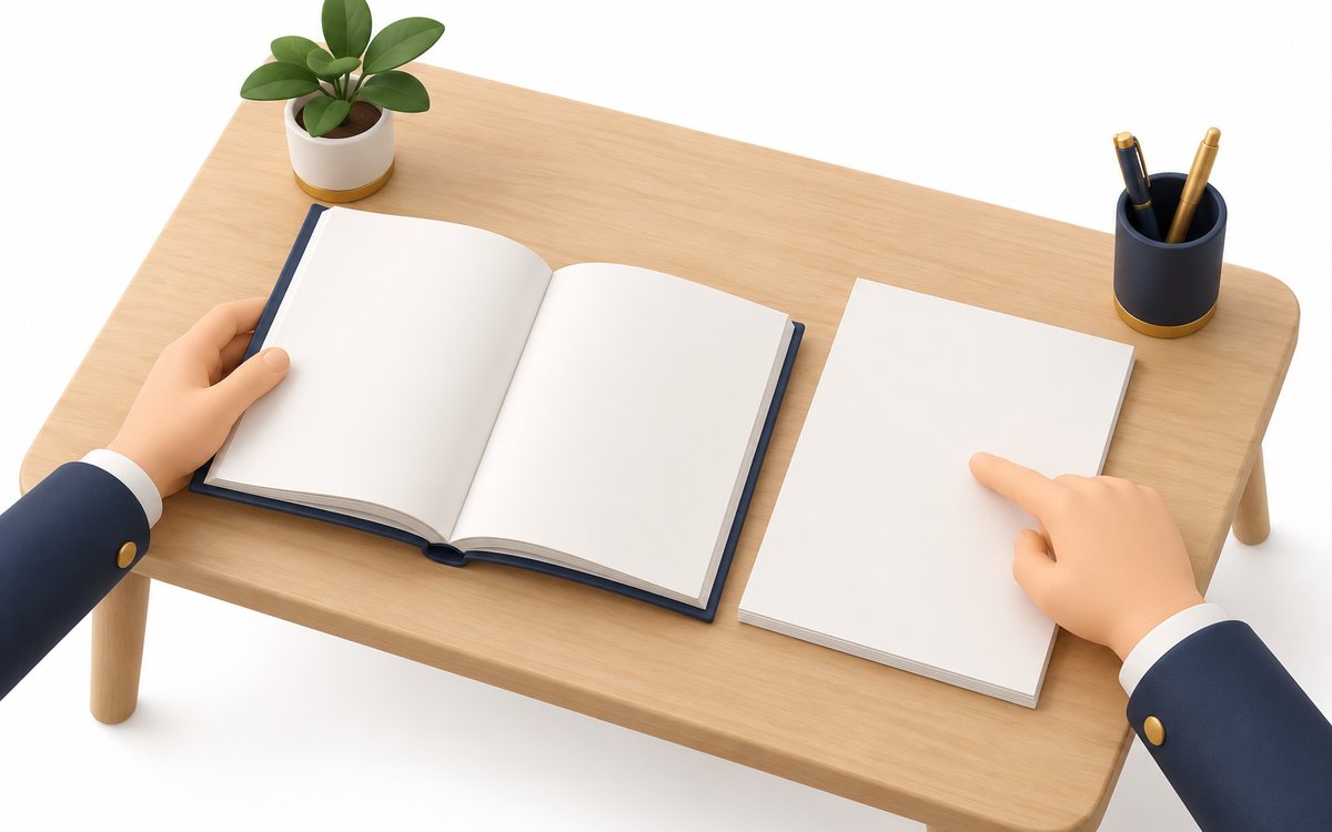 契約書案と訂正内容の控えを横に並べて照合する手元