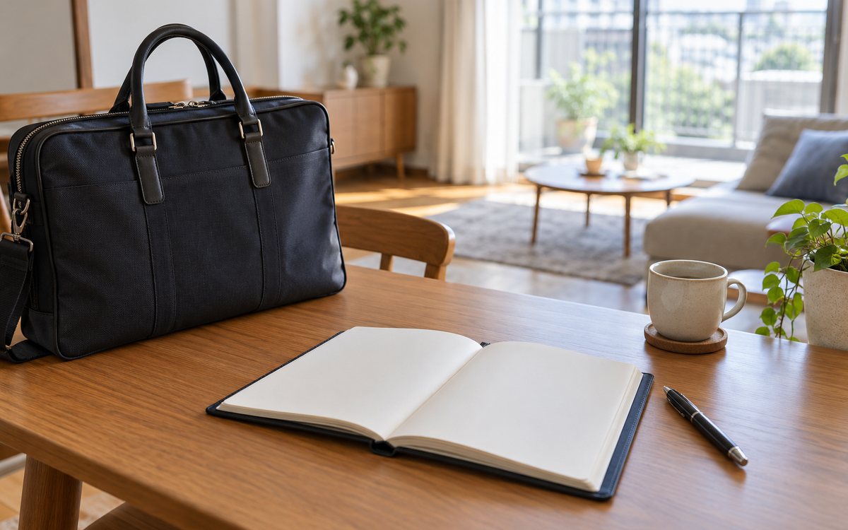 仕事用バッグと文字のない予定表で勤務先変更の時期を整理する机