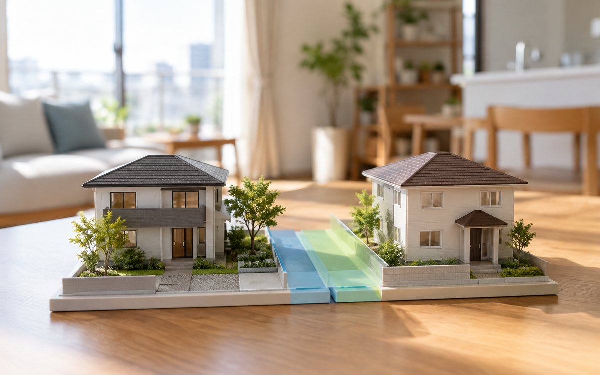 新居と旧居を表す住居模型を別々の台に並べた比較の情景