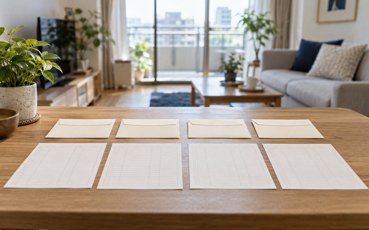 費用ごとの封筒と書類を並べて初期費用の総額を見る図