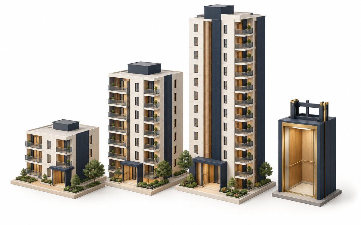 建物の高さとエレベーターの有無を分けて見る模型
