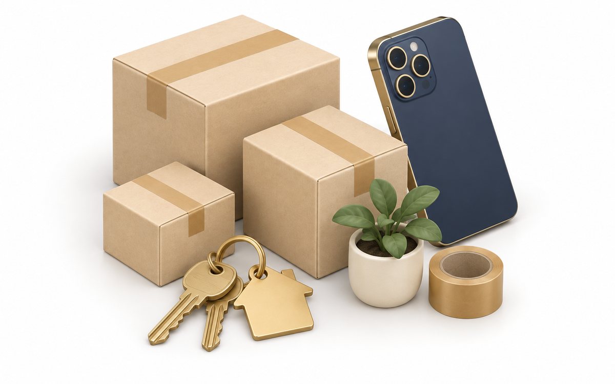 部屋の鍵と引っ越し箱と撮影用スマートフォンの図