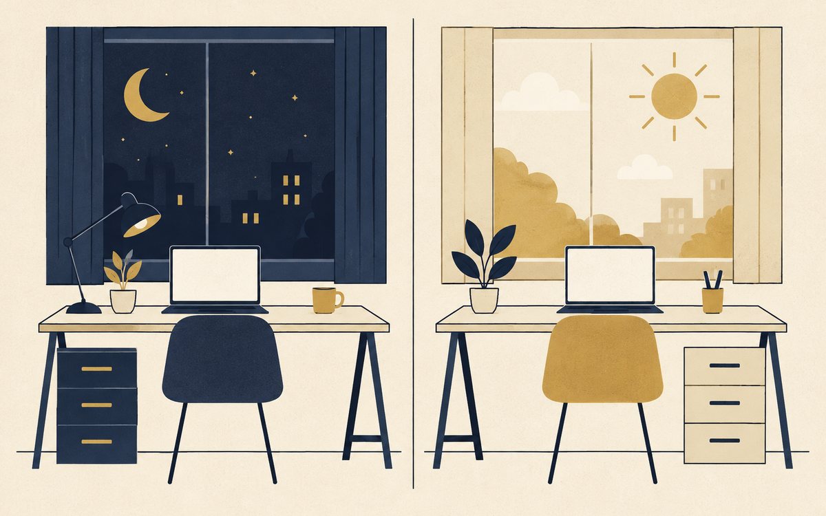 夜の机と昼の事務机を並べて部屋探しの分担を示す図