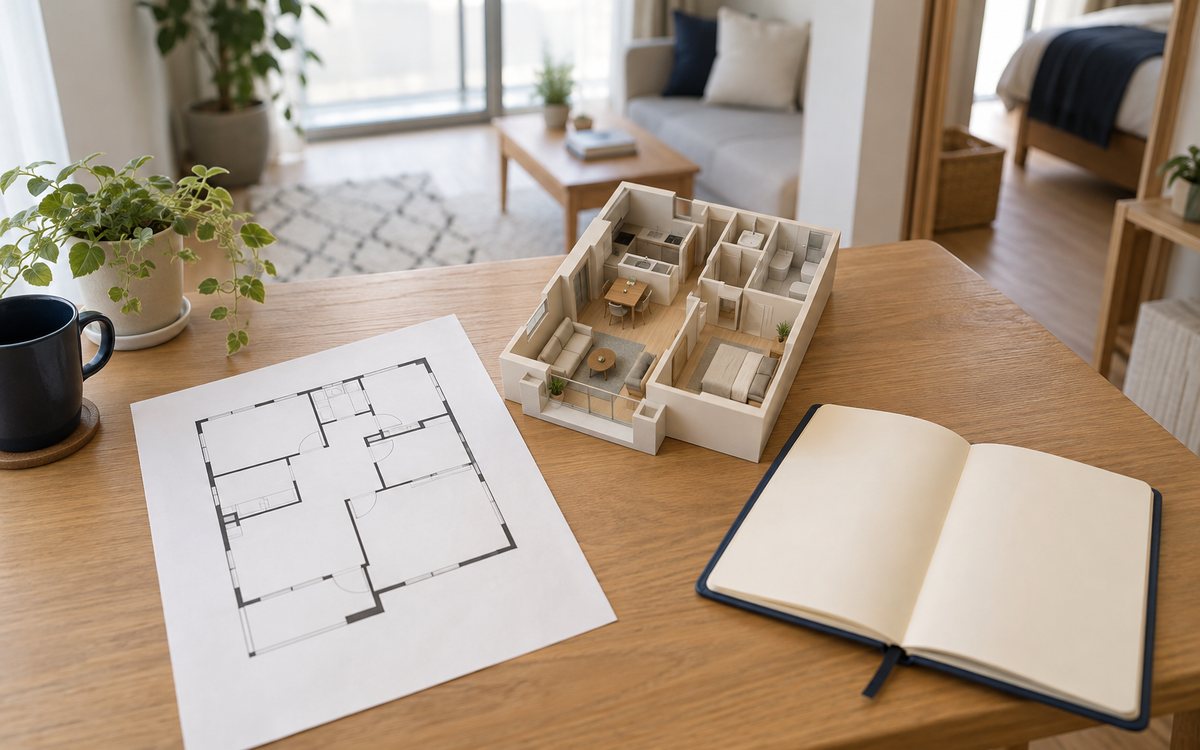 図面と室内模型と確認用のノートを並べて比べる机