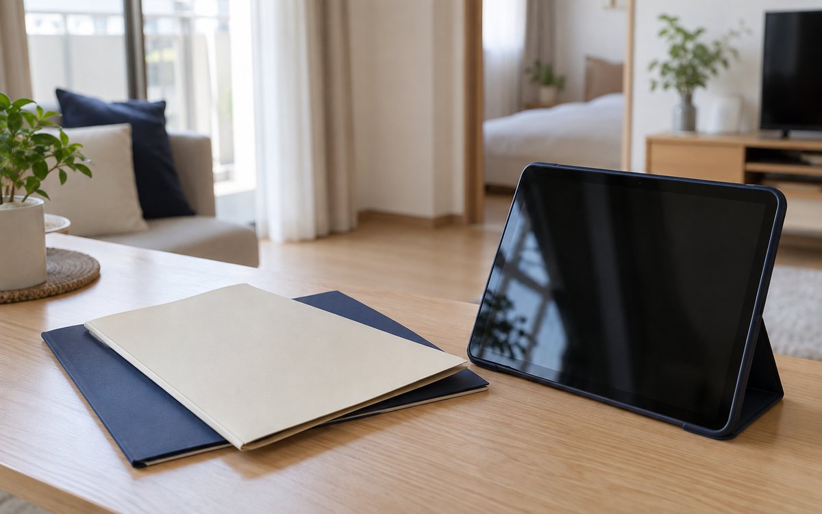 タブレットと物件資料で移動せず部屋を探す様子の図