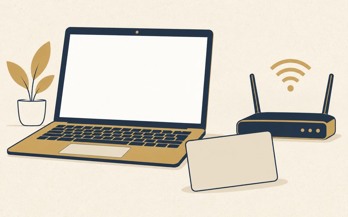 通話用パソコンと本人確認用の無地カードとルーター