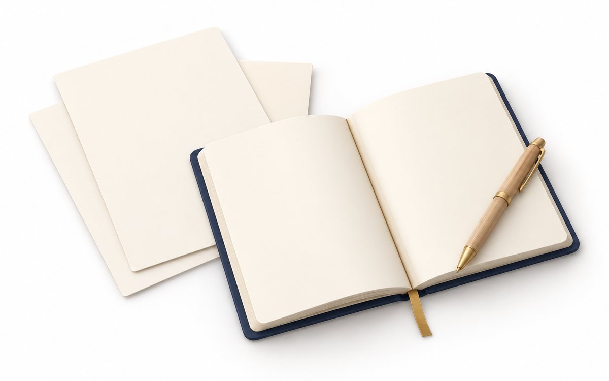 開いた書類と質問用のノートとペンをそろえた机