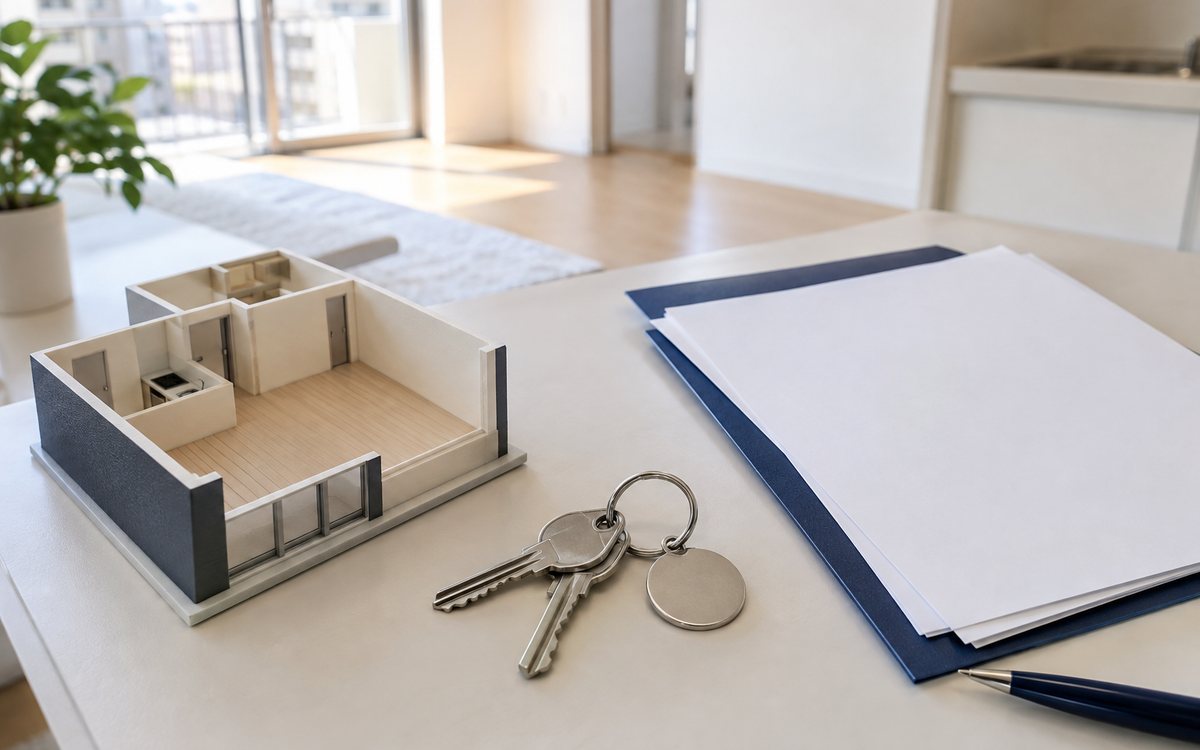 部屋の鍵と入金確認用の書類と空室を組み合わせた図