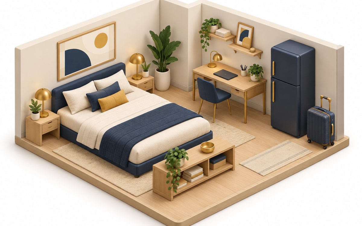 家具と家電と荷物を並べて入居時の備品を確かめる図