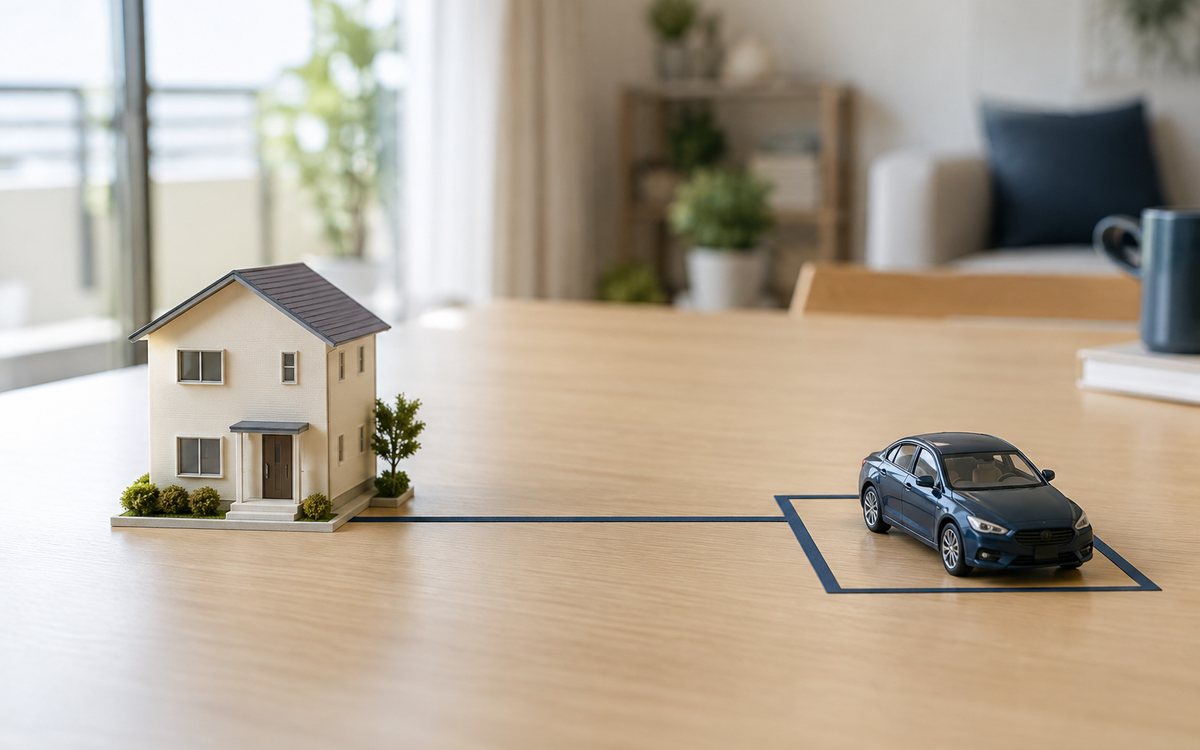 住まいと駐車場所を結ぶ線と車の模型で距離を見る図