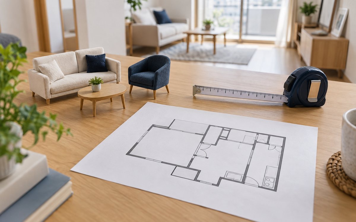 図面と巻き尺と家具の模型で室内寸法を照合する図