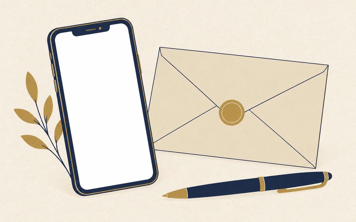 スマートフォンと申込用封筒と筆記具を並べた図