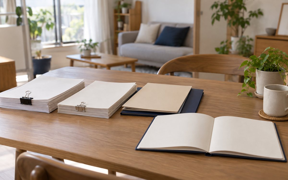 書類の束とメモ帳を時系列に並べた確認用の机