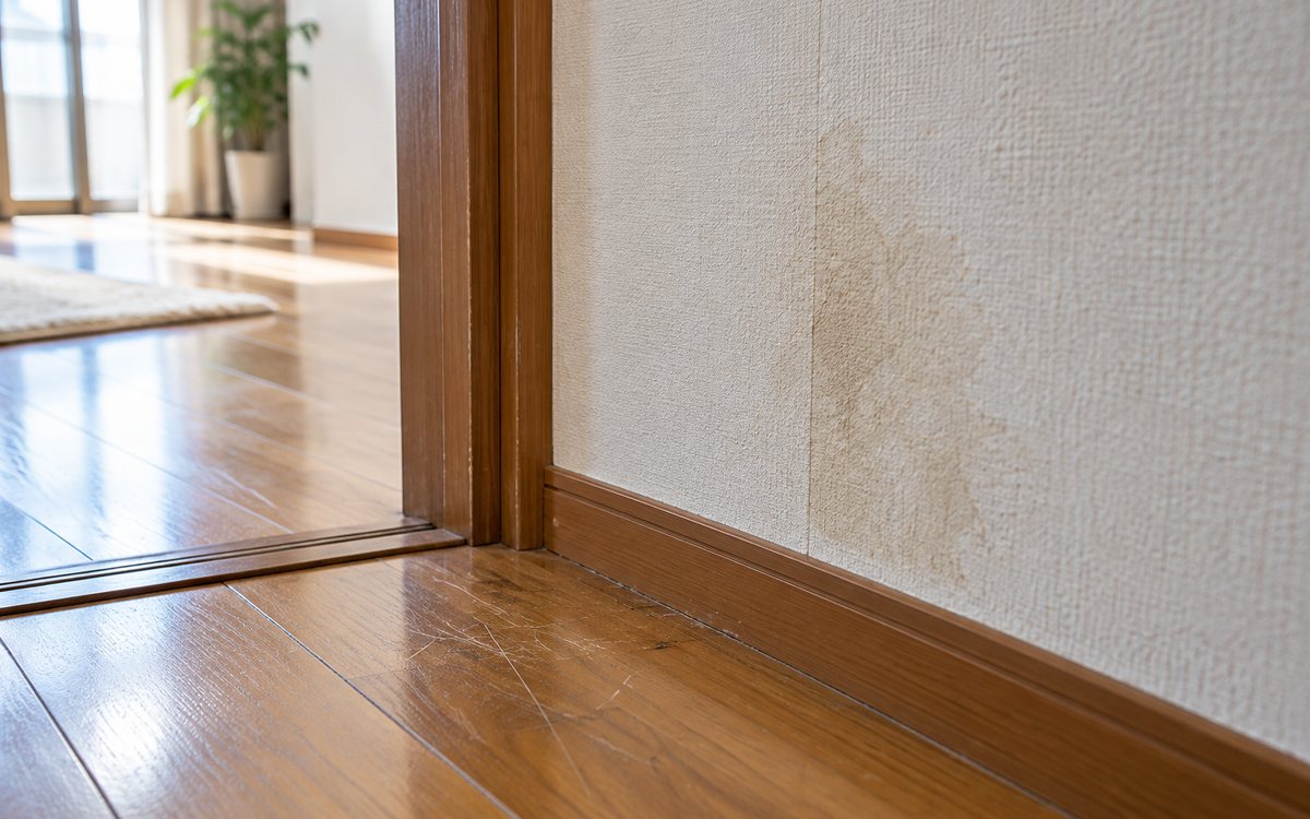 壁紙の汚れと床の傷をそれぞれ近くから確認する図
