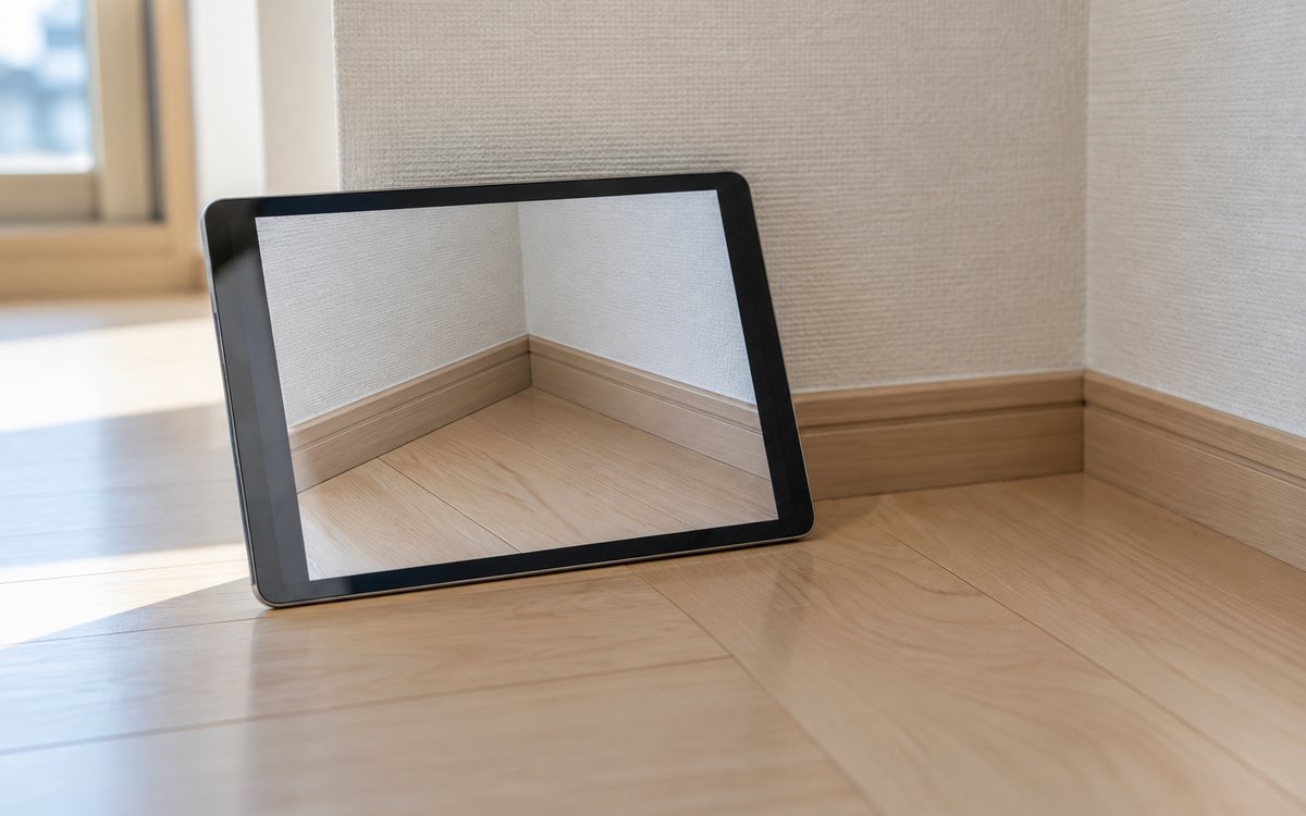 室内の床と壁を端末の写真と見比べて仕上がりを確認する図