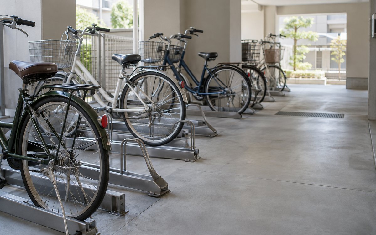 駐輪ラックの空き区画と自転車を出す通路を示す図