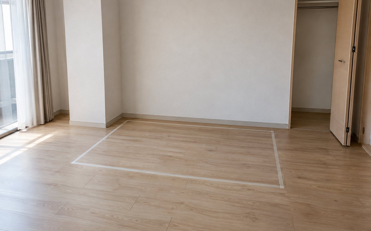 柱と収納扉の間にある家具を置く壁面を示した図