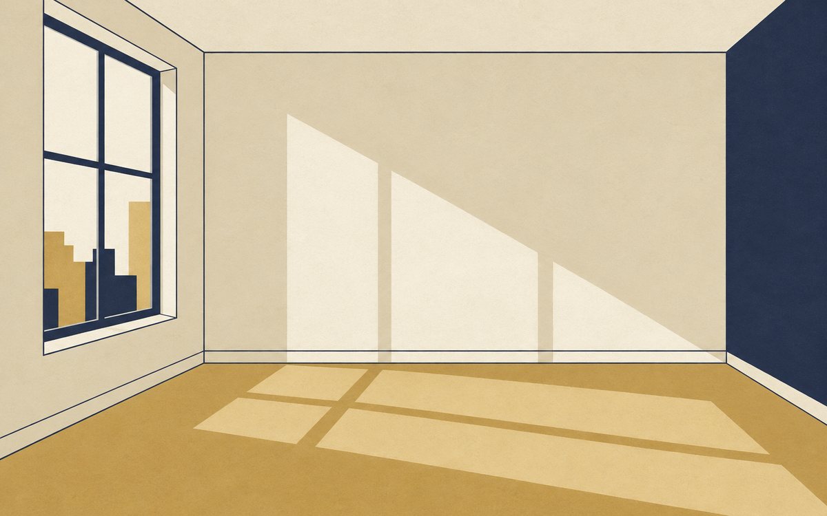 窓から入る光と照明のない空室で内見時間を考える図
