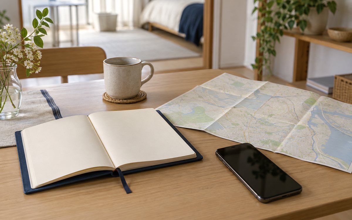 予定表と地図とスマートフォンで待ち合わせを考える図