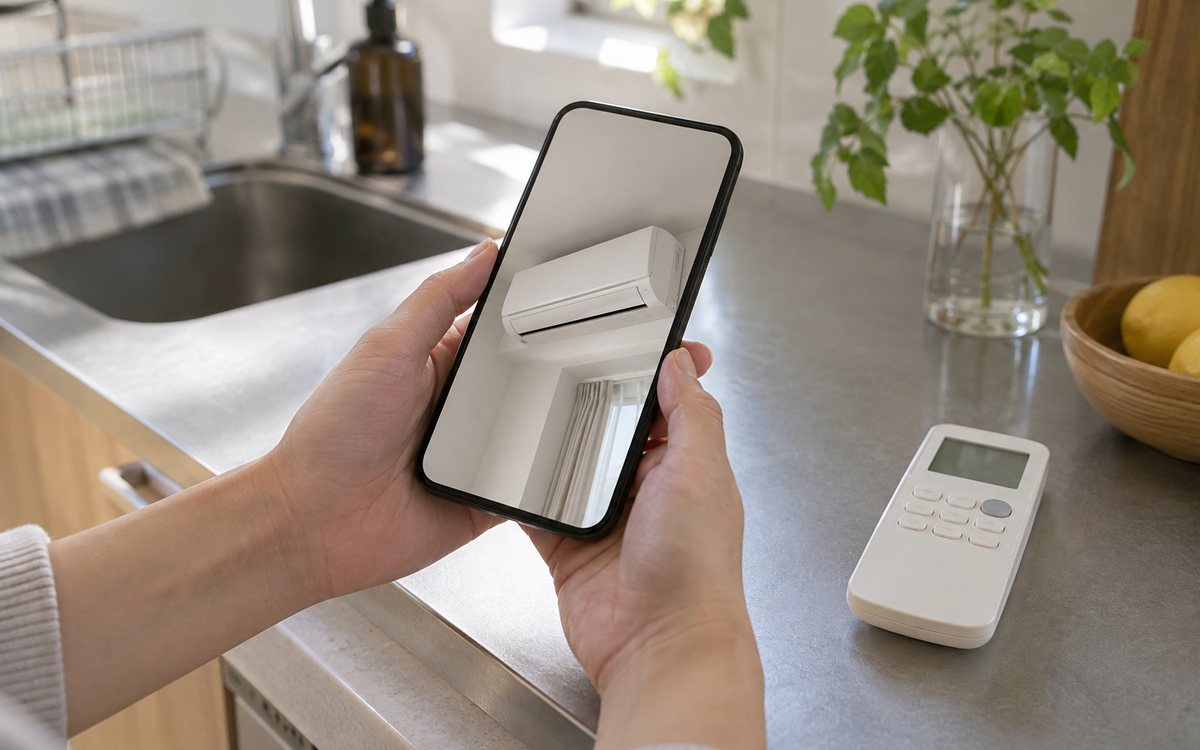 設備の写真を添えて連絡するスマートフォンの手元