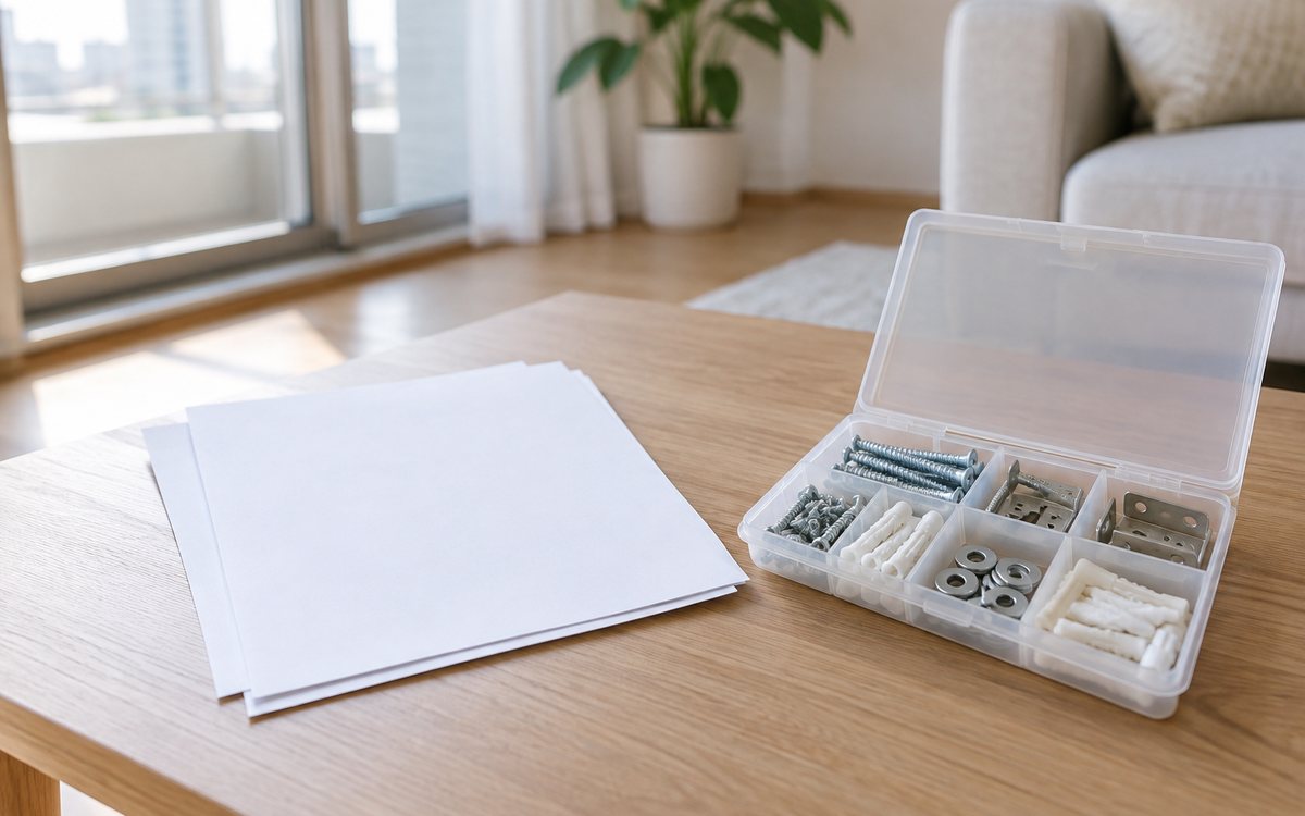 製品資料を模した白紙と金具の収納箱をまとめて置いた図