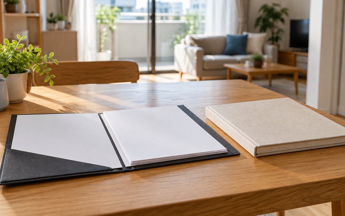 契約書類と発生状況の記録を照合するために並べた机上