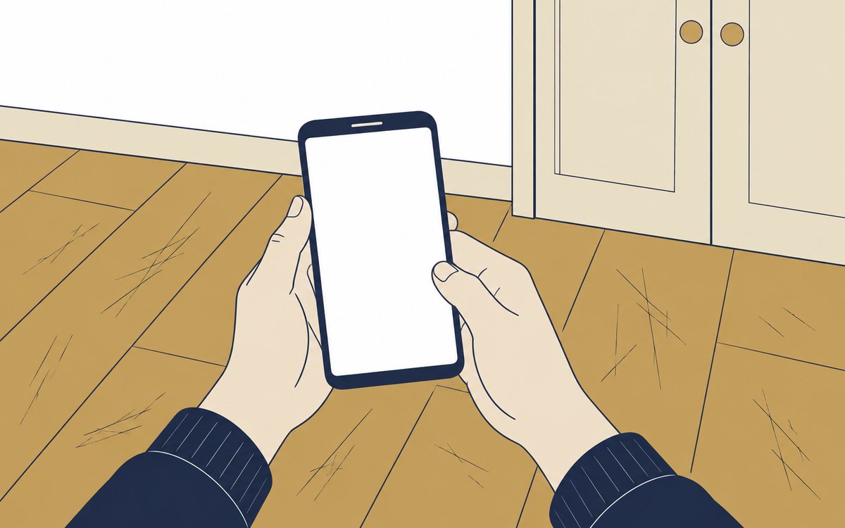床の線状の傷と周囲を撮影するスマートフォンの手元