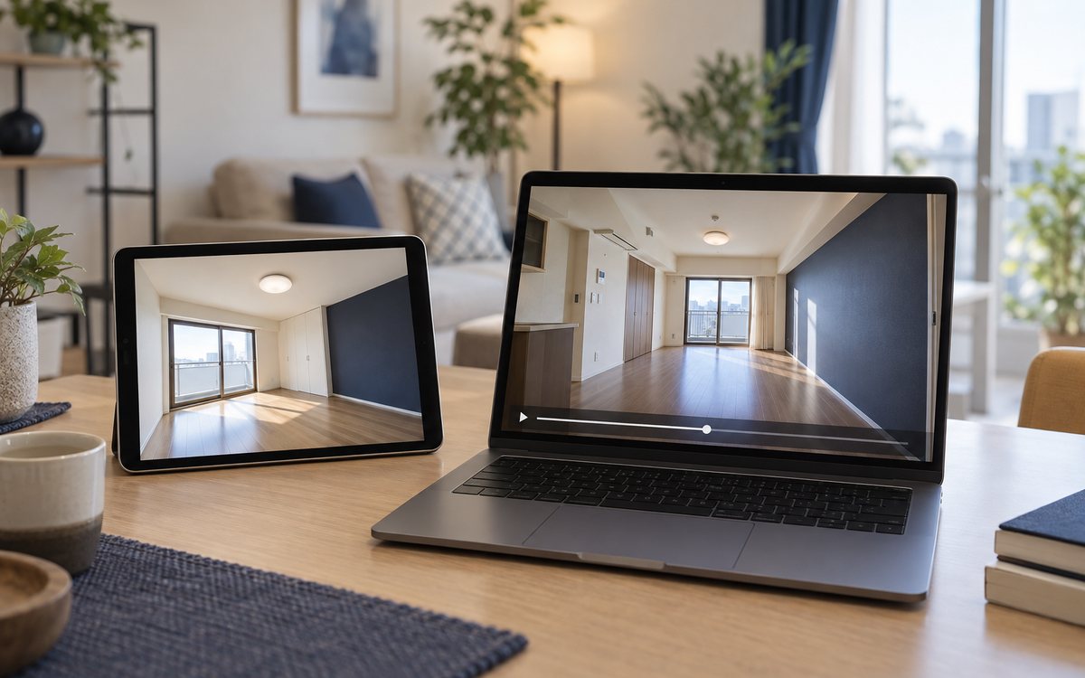 録画を見るタブレットと通話用パソコンを並べた比較図