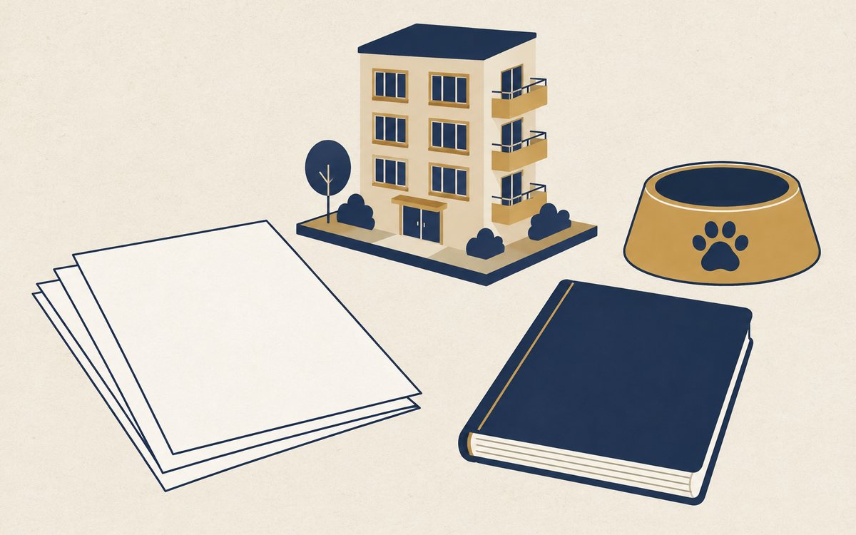 契約書と飼育規則と建物の模型で許可範囲を確認する図