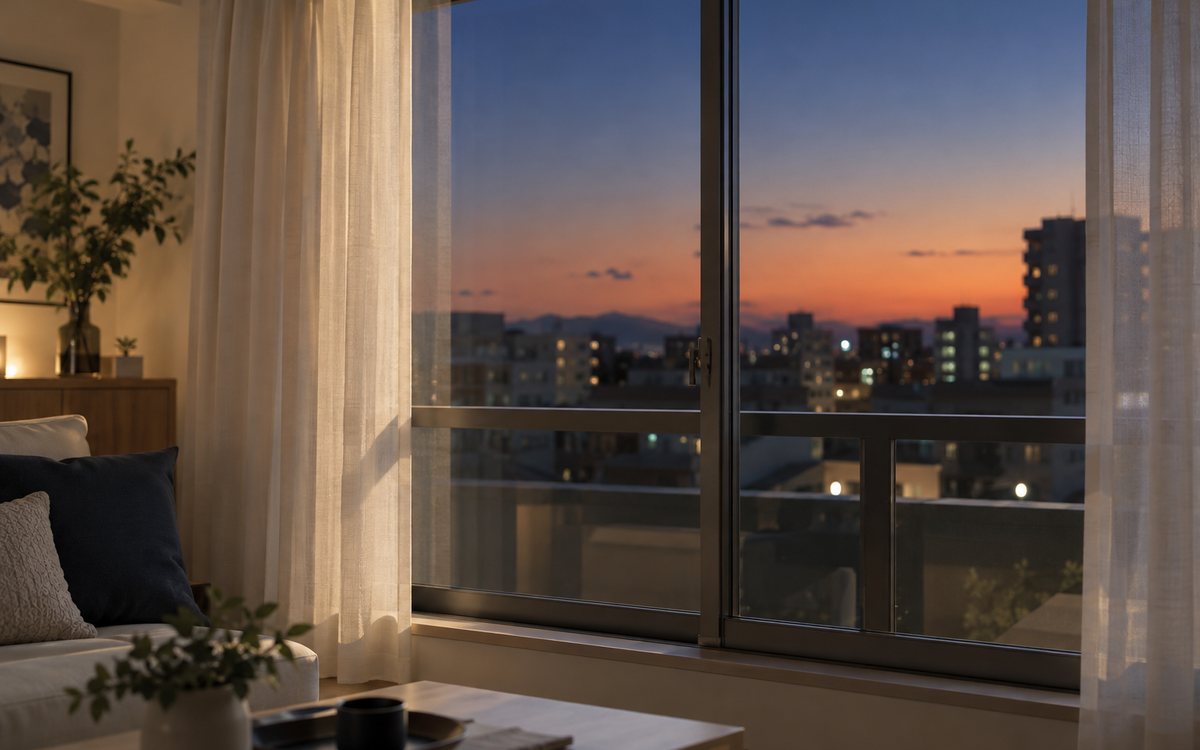 夕方から夜へ変わる窓辺で手続きの時間帯を考える図
