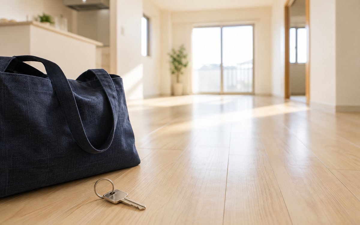 日中の部屋と鍵と鞄で現地内見の準備を示す図