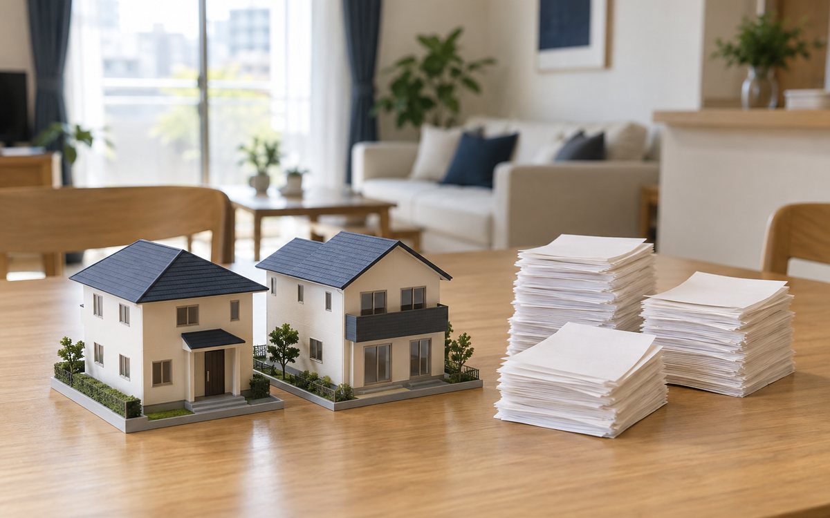 二つの住宅模型と費用の束で住む期間の総額を比べる図
