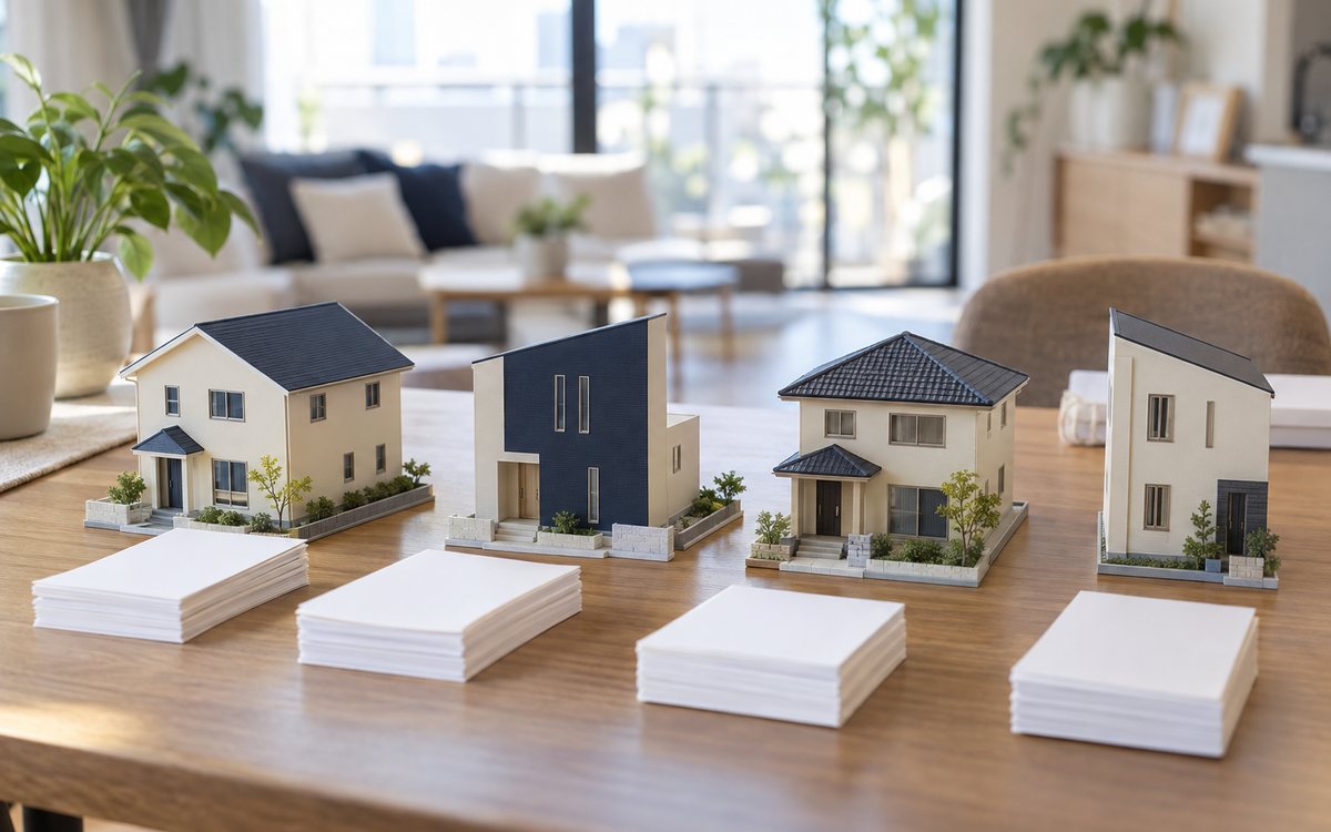 異なる住宅模型と費用の束で家賃別の予算を比べる図