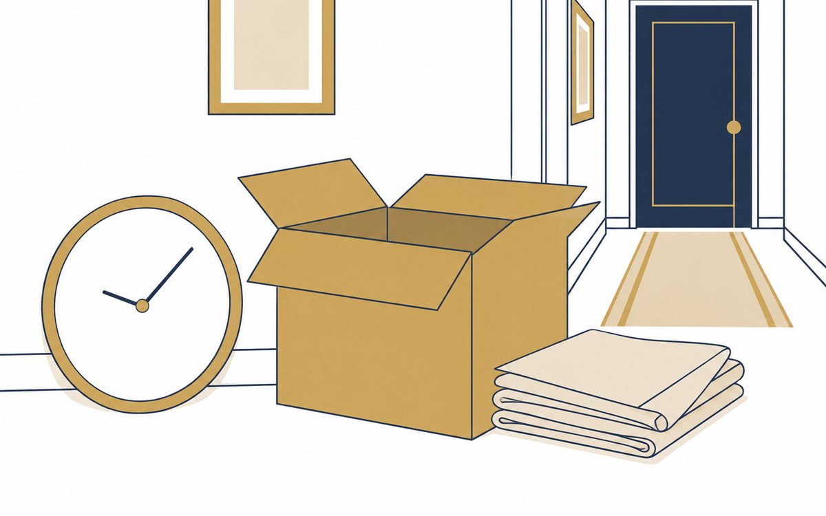 相談時期と住み替え準備を考える時計と荷造り箱