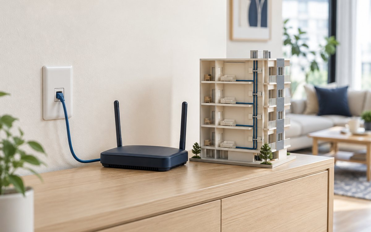 室内の通信端子とルーターと建物の配線を確認する図