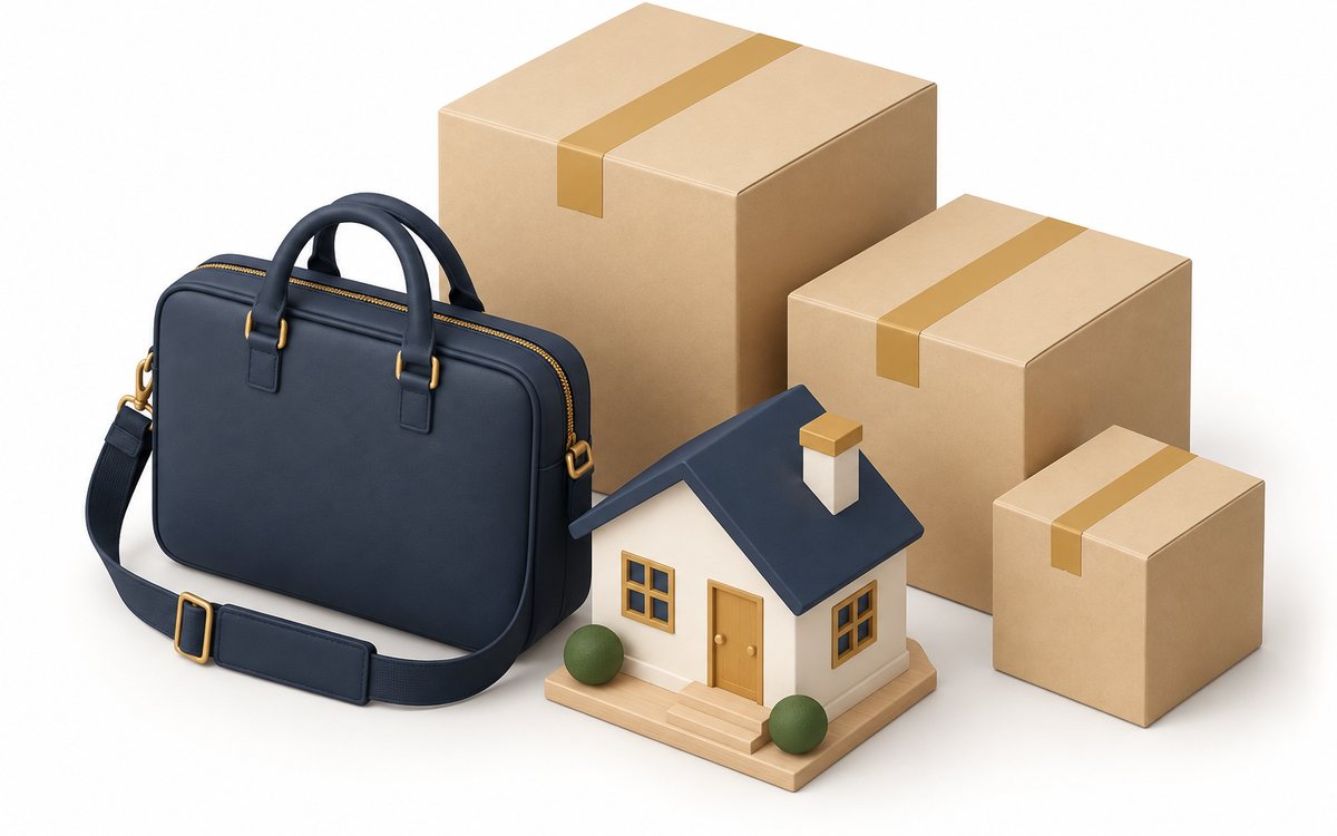 引っ越しと入社の順番を考える荷造り箱と通勤バッグの図