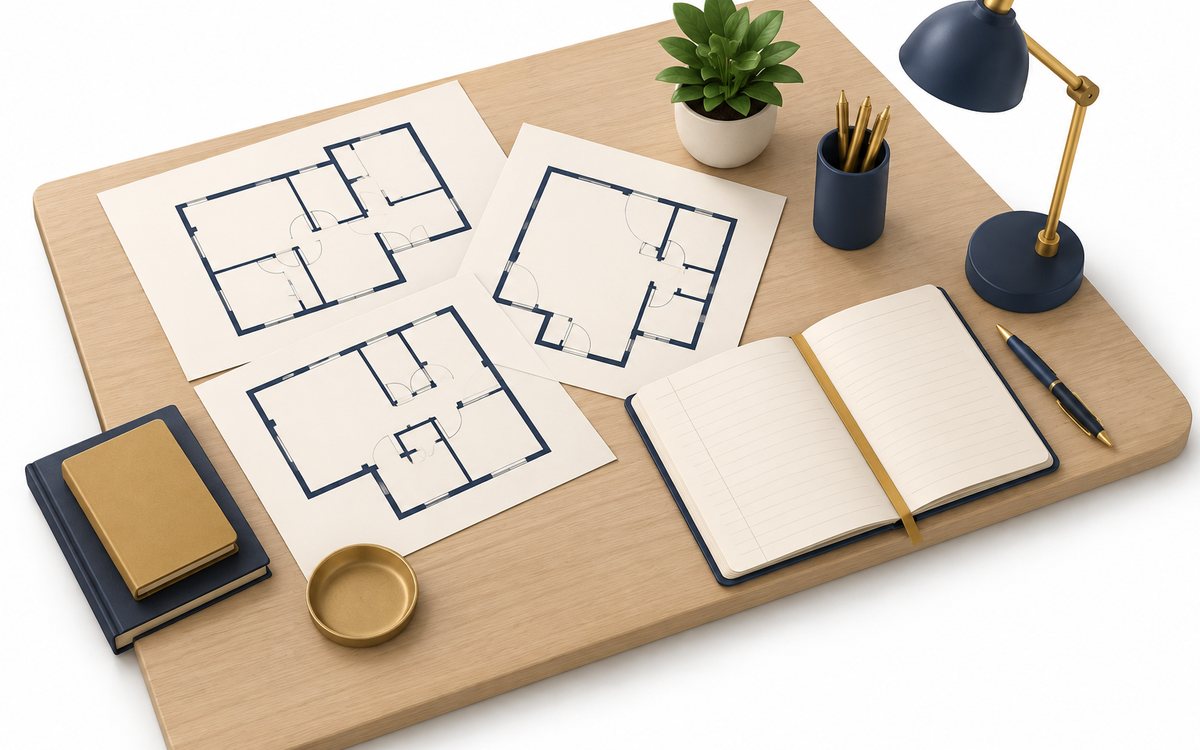 候補の部屋の図面と家計メモを並べ直す机上図