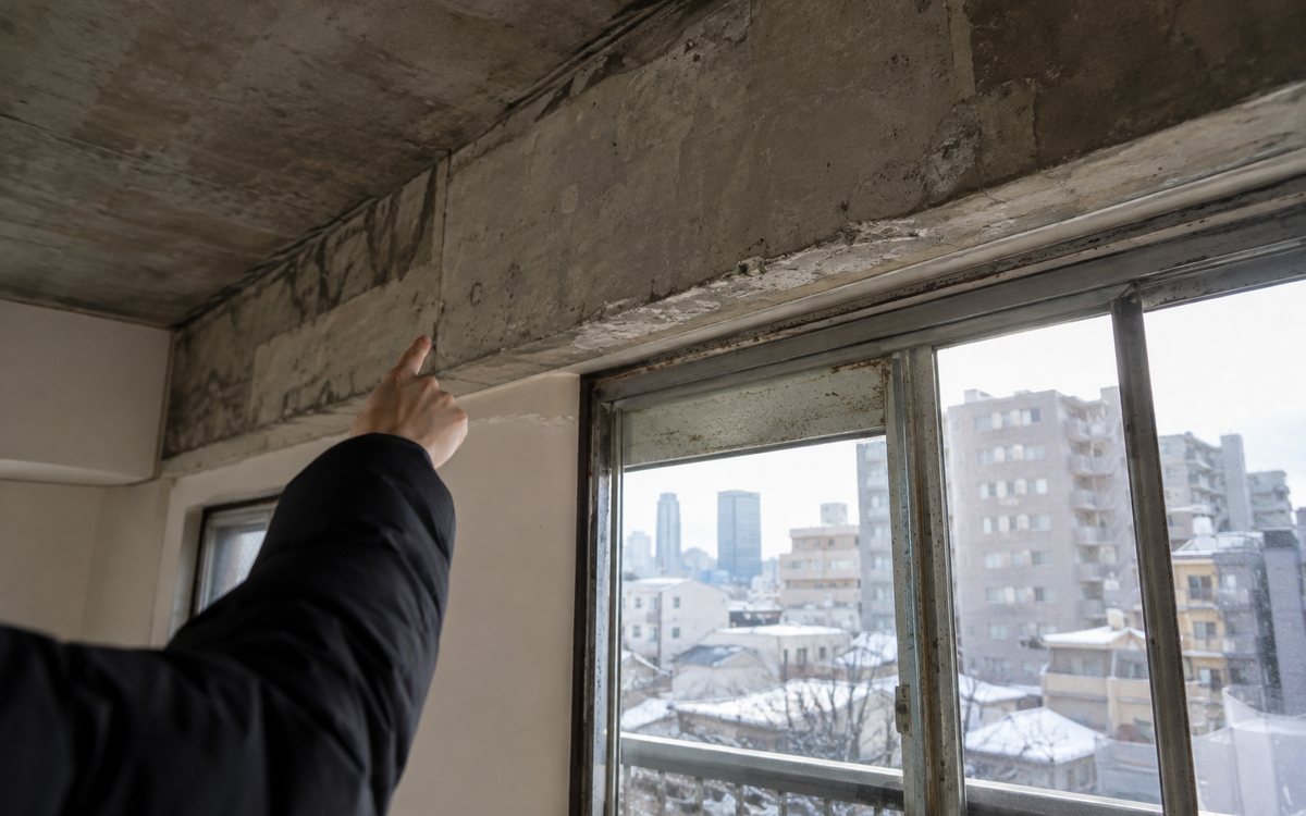 新旧の集合住宅模型と室内設備を並べた比較の情景