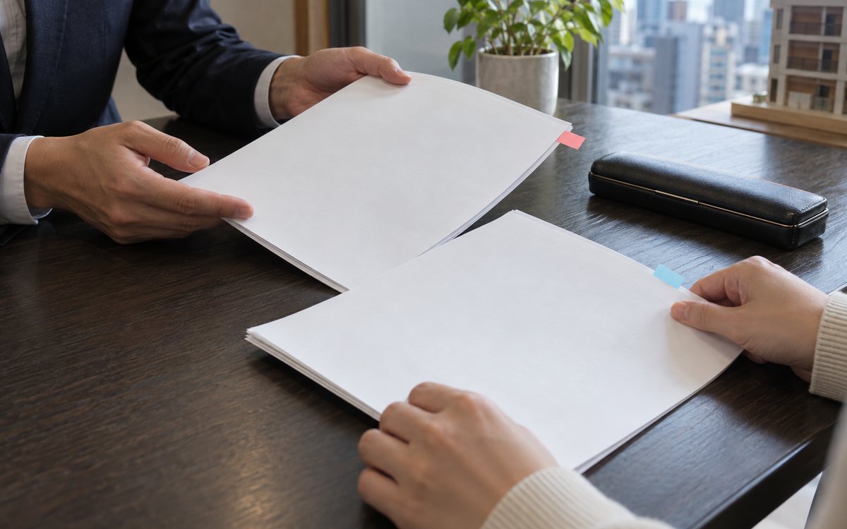 不動産窓口の机で契約書類を並べて照合する手元