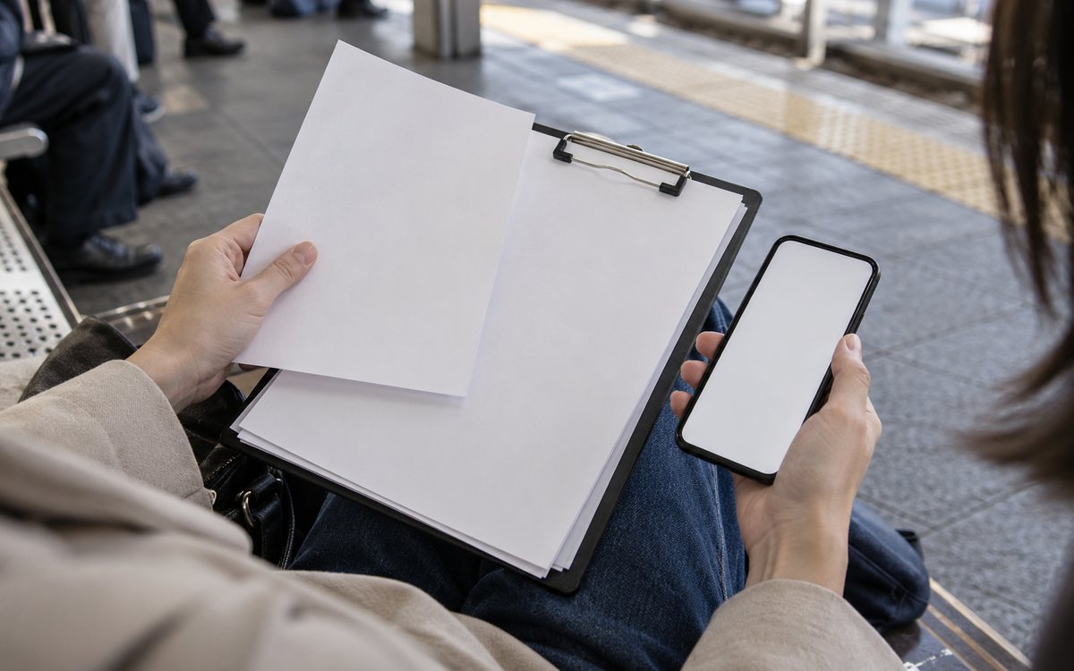申込控えとスマートフォンを膝上で確認する手元