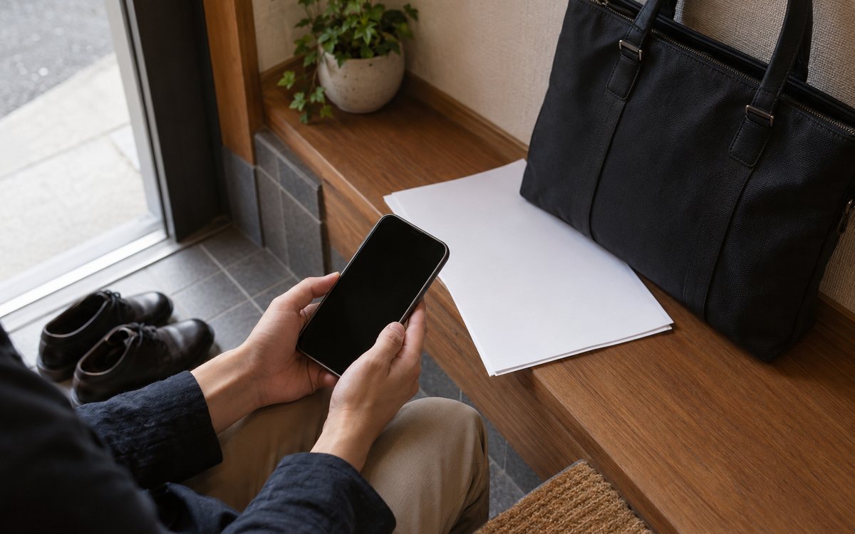 玄関脇で仕事用バッグを置き申込書類と電話を確認する手元